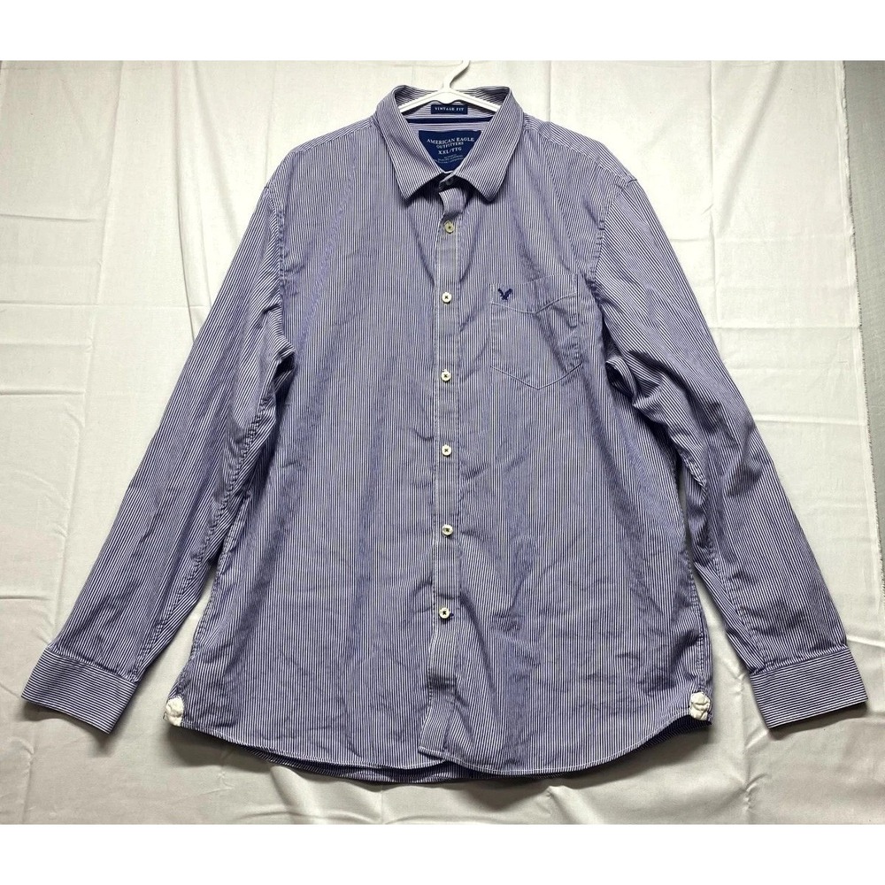 American Eagle Outfitters Vintage Fit Button Up Shirt Men 2XL Blue White Striped